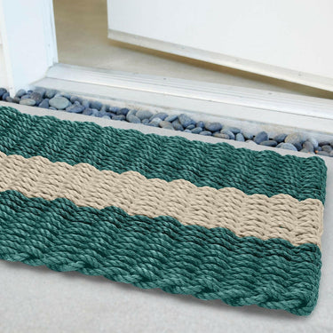 Lobster Rope Doormats, Outdoor Door Mats, Wicked Good Door Mats Made in Maine, Dark Green with Light Tan Stripe, Angled View in Front Door
